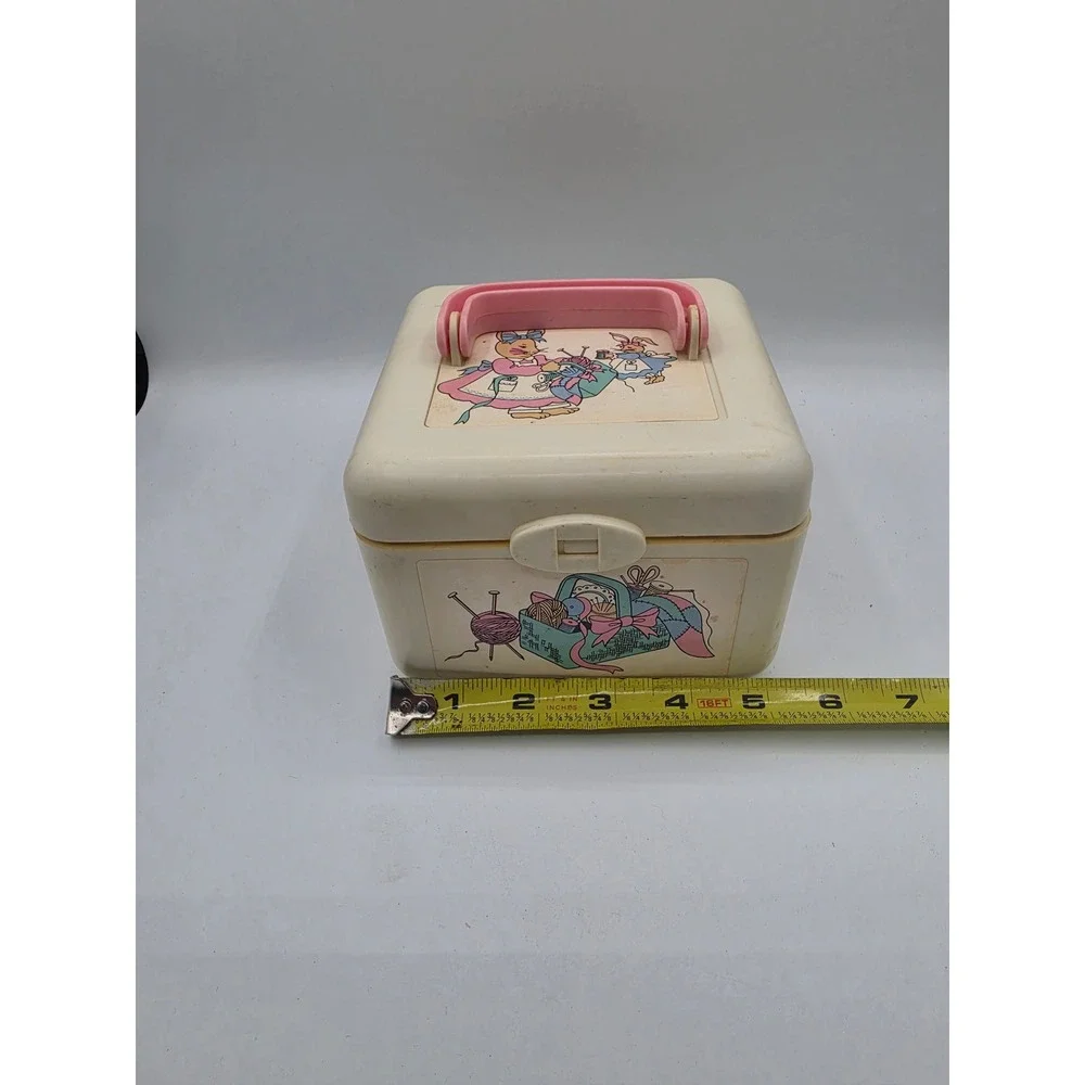 Vintage Sew-N-Play Bunny Rabbit Plastic Carry Case Pink Handle Craft Storage Box